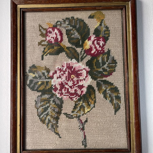 Vintage handmade embroidery wall frame with flowers and wooden frame