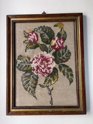Vintage handmade embroidery wall frame with flowers and wooden frame
