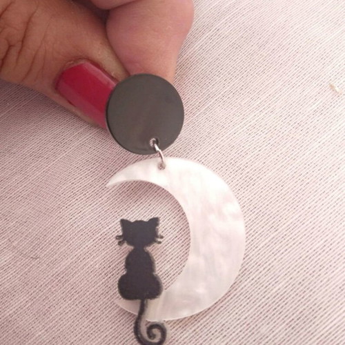 Acrylic resin earrings with cats on the moon new, black and white