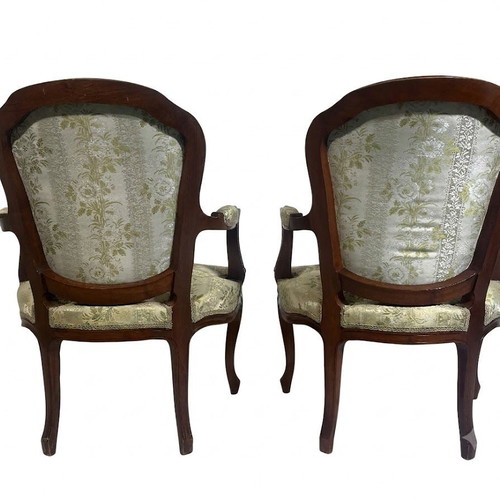 Πολυθρόνες Louis XV κατασκευής Σαρίδη σαν καινούργιο, καρυδιά, ύφασμα ασημί-πράσινο, σετ 2