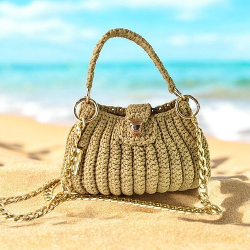 Handmade Shoulder Bag with Gold Chain and Knitted Handle new, beige