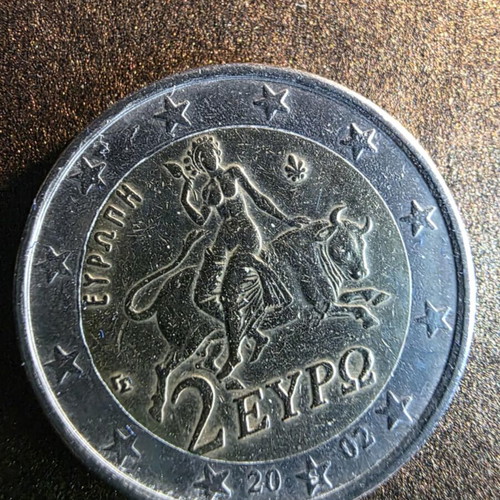 2 Euro 2002 Greece coin with 4 minting errors