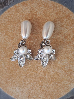 Vintage earrings with clips used, decorated with pearls and rhinestones