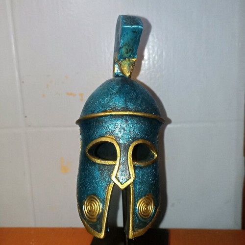 Corinthian Helmet Figurine handmade, painted in blue patina, new