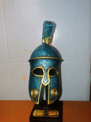 Corinthian Helmet Figurine handmade, painted in blue patina, new
