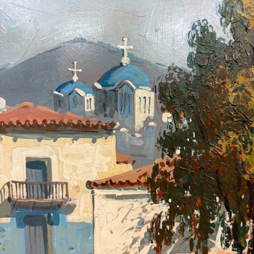 Ελαιογραφία Ν. Κριδέρας μεταχειρισμένη σε κορνίζα με θέμα Νησί