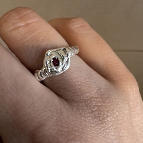 Silver melted ring with red stone size 17 like new