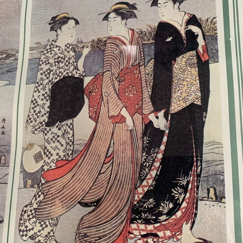 Japanese silk print used with geishas in wooden frame