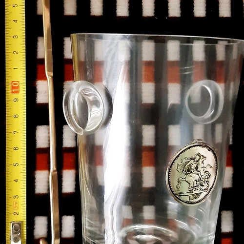 Glass set with Saint George used, 6 tall glasses and container with spoon