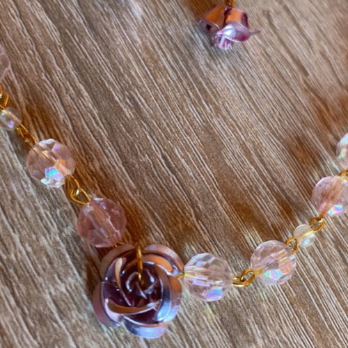 Choker necklace and earrings set handmade, pink and gold
