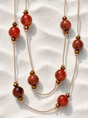 Handmade double-strand necklace with cord and stones of goldstone, agate, hematite new