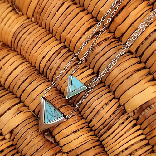 Double Stainless Steel Necklace Layering with Turquoise Triangles new