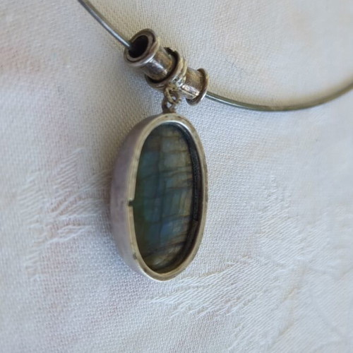 Vintage Ethnic Silver Necklace Choker with Natural Labradorite