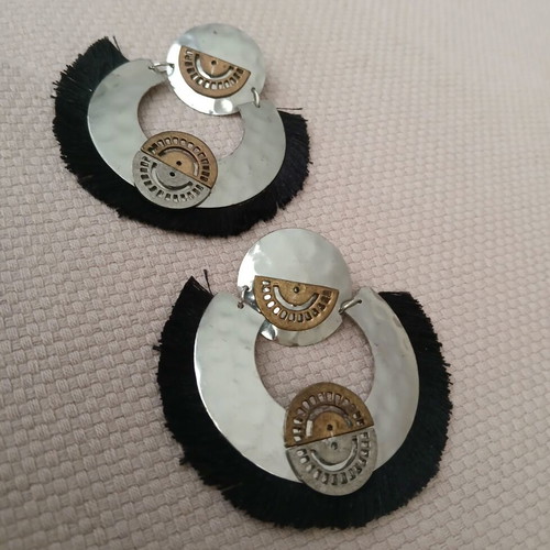 Statement boho ethnic earrings, black and silver