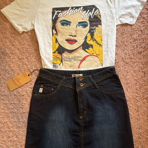 Cotton set with denim skirt and printed cotton t-shirt new, size M