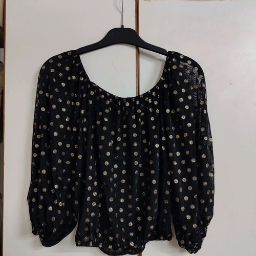 Joy Blue blouse new black with gold polka dots S-M