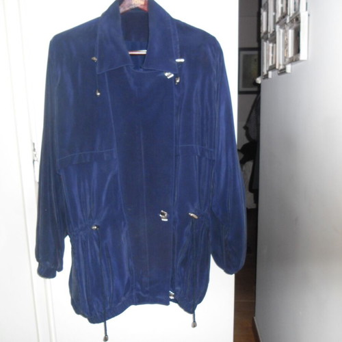 Silk blue jacket like new, long with silver buttons