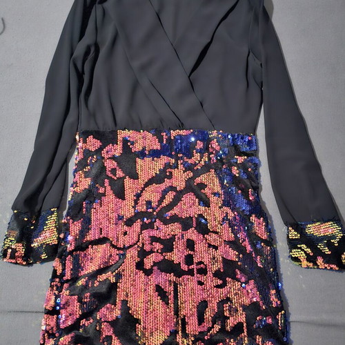 Rich Girl black mini wrap dress with iridescent sequins