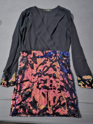 Rich Girl black mini wrap dress with iridescent sequins