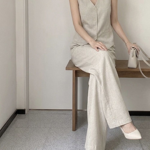 Forget-me-not Linen-Look Set 2 Pieces Vest and Wide-Leg Pants Beige