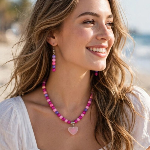 Summer necklace and earrings set handmade in pink and purple