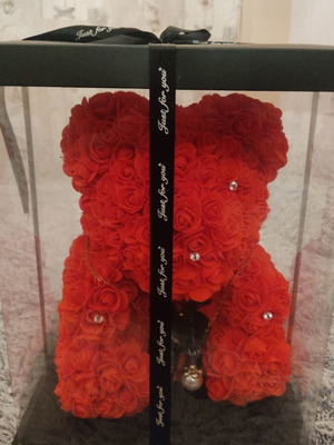 Red teddy bear made of artificial roses new with pearl necklace