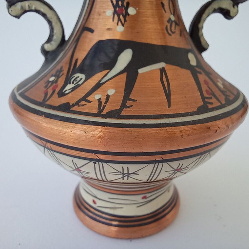 Set of 5 old copper amphora miniatures like new, handmade Greek