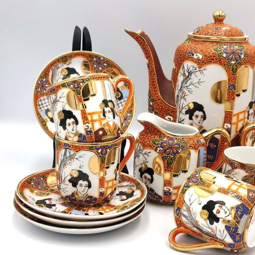Satsuma Lithophane Geisha Japanese porcelain coffee set like new