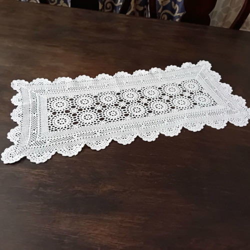 Crocheted Table Runner like new, white with sun pattern