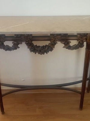 Carved wood and marble étagère and oval mirror set