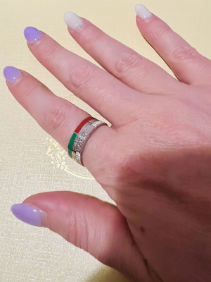 Steel ring with rhinestones, diameter 19mm, red and green