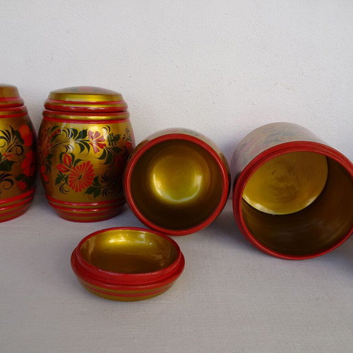 Khokhloma jars used, set of 7 wooden handmade vintage