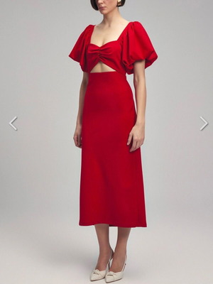 Red puff sleeve cut out midi dress ADL like new