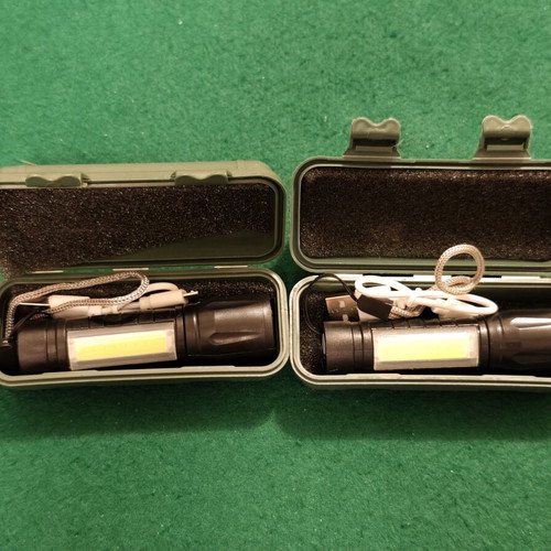 Set of 2 small rechargeable LED COB flashlights with USB cable and plastic carrying case