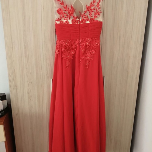 Elegant long red evening dress with floral embroidery and beads, size M