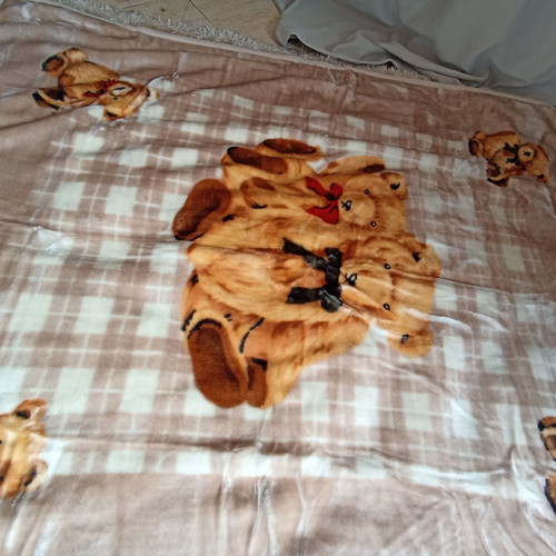Velveteen half-double blanket with bear family design, new