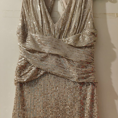 BSB dress with rhinestones and side slit, beige, size 44