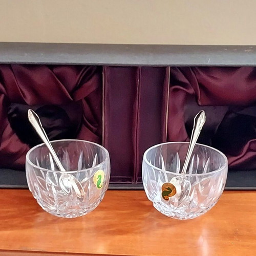 Set of two Waterford crystal bowls and two Newbridge Erns Ai silver-plated spoons new