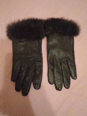 Leather gloves with fur trim, size S, new, brown