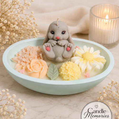 Handmade scented soy wax candle with reusable porcelain powder container, bunny