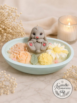 Handmade scented soy wax candle with reusable porcelain powder container, bunny