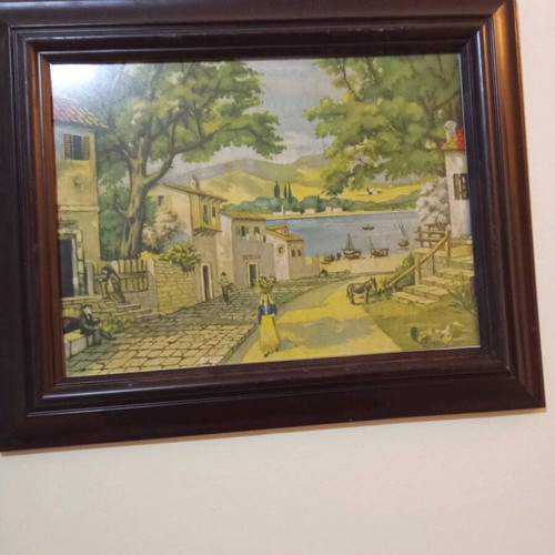 Old wooden frame with glass used, Greek village theme