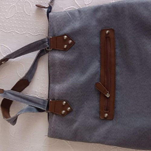 Shoulder bag used, grey denim with brown details