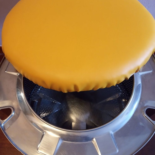 Upcycled metal wheeled stool with storage and yellow faux leather new