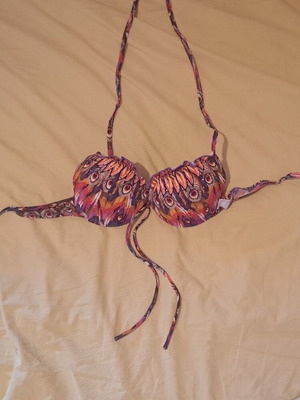 Swimwear bikini top like new with peacock feather design, purple and orange