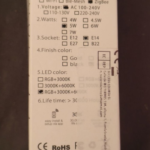 E14 Smart LED Bulb Zigbee Tuya 5W RGB+CCT, 16 Million Colors