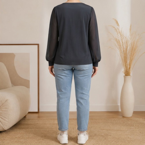 Orsay mako blouse size L, dark grey with sheer sleeves