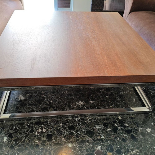 Wooden coffee table with metal base, 127x127 cm