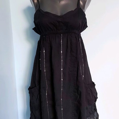 Tally Weil black cotton dress used with sequin embroidery and adjustable straps