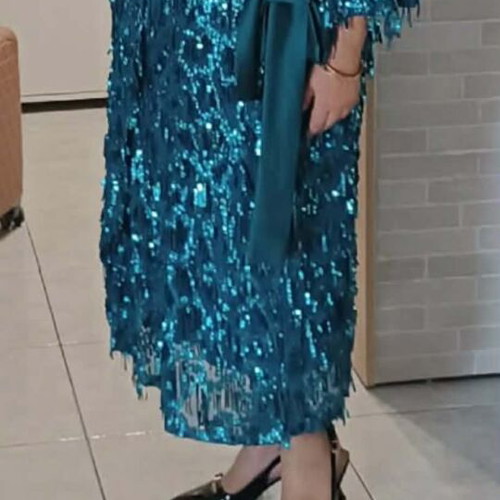 Evening dress petrol with fringes and sequins like new, size 5XL